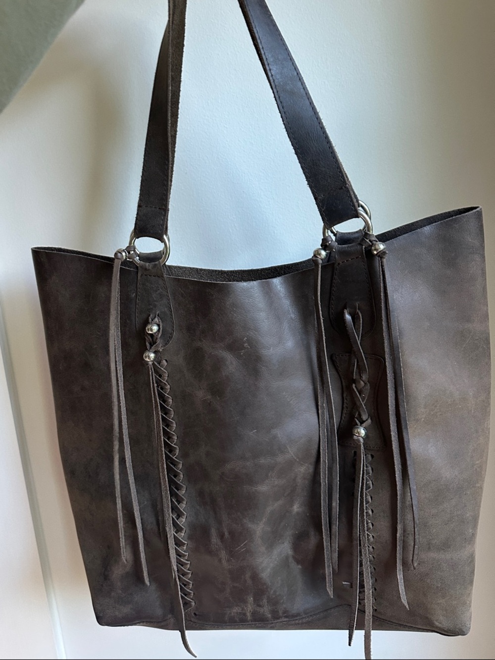 Anthropologie Dark Brown Leather Tote with Braided Tassel Accents